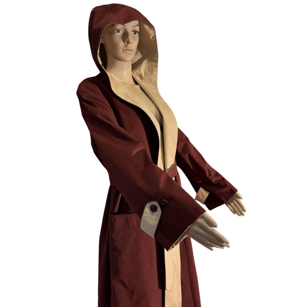 Etienne Aigner Reversible Hooded Trench Coat Size 12 Burgundy Khaki VTG belted - Picture 12 of 14